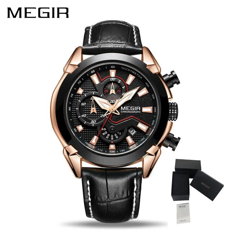 MEGIR Sport Chronograph Men's Quartz Wristwatch Waterproof Male Clock Calendar Luminous Man Watches Calendar Leather Watch 2065-14