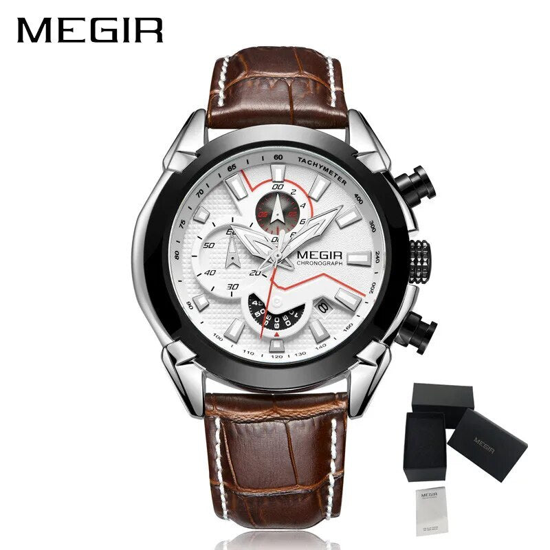 MEGIR Sport Chronograph Men's Quartz Wristwatch Waterproof Male Clock Calendar Luminous Man Watches Calendar Leather Watch 2065-15