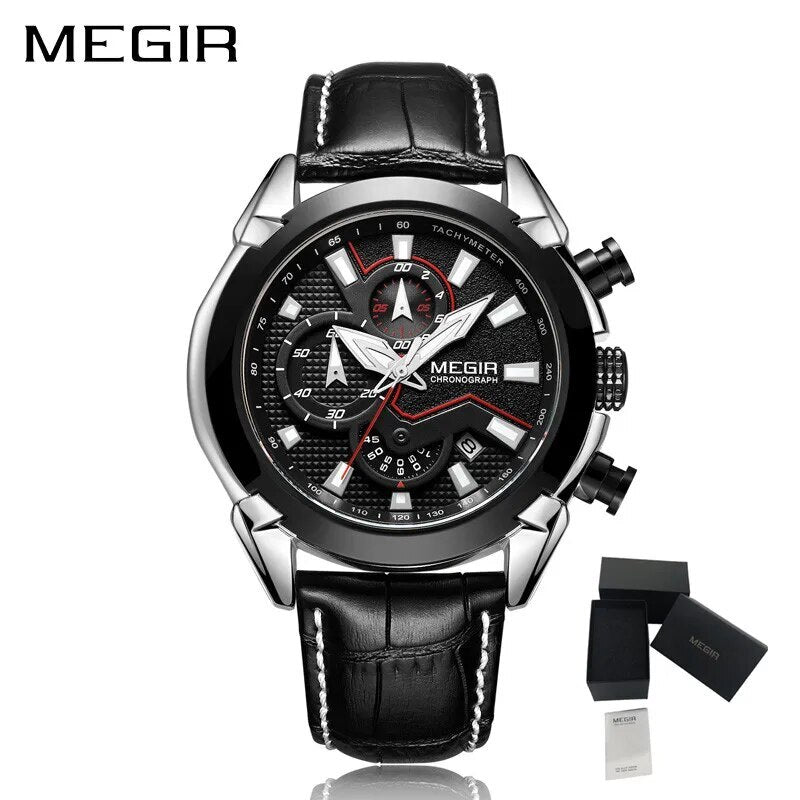 MEGIR Sport Chronograph Men's Quartz Wristwatch Waterproof Male Clock Calendar Luminous Man Watches Calendar Leather Watch 2065-16