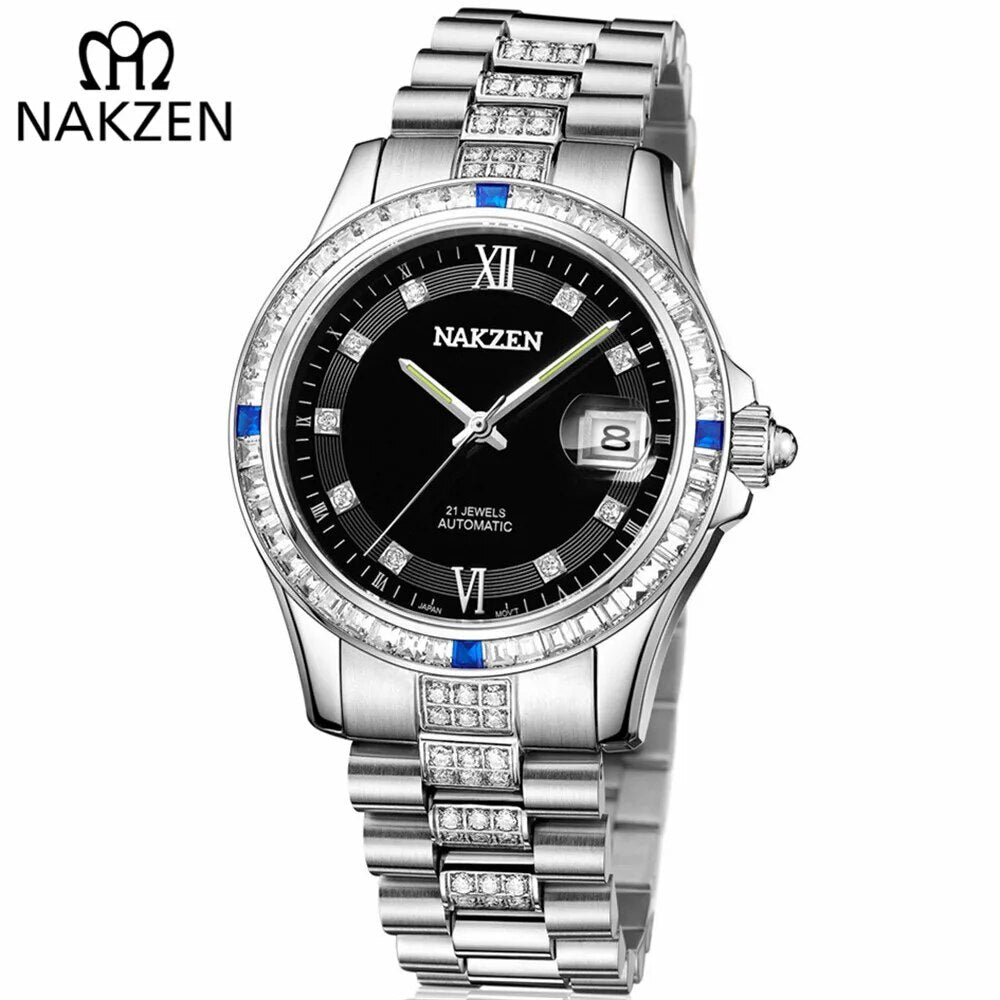 NAKZEN Men Japan NH35 Movement Automatic Mechanical Watch Elegant Diamond Stainless Steel Bracelet Watches Relogio Masculino-0