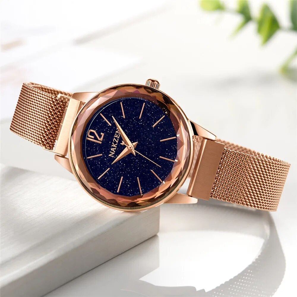 NAKZEN Rose Gold Women Watches Minimalism Starry sky Magnet Buckle Fashion Wristwatch Waterproof Roman Numeral reloj mujer-3