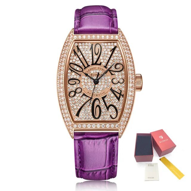 RUIMAS Luxury Diamond Women Automatic Mechanical Watches Waterproof Elegant Ladies Wrist Watch Clock Leather Reloj Mujer 6757-15