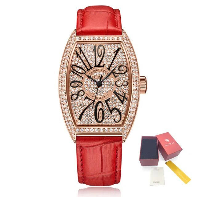 RUIMAS Luxury Diamond Women Automatic Mechanical Watches Waterproof Elegant Ladies Wrist Watch Clock Leather Reloj Mujer 6757-13