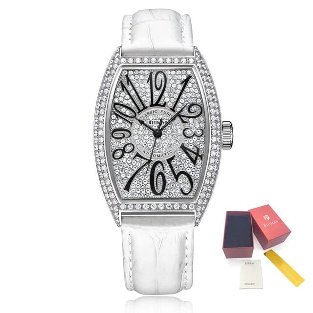 RUIMAS Luxury Diamond Women Automatic Mechanical Watches Waterproof Elegant Ladies Wrist Watch Clock Leather Reloj Mujer 6757-14