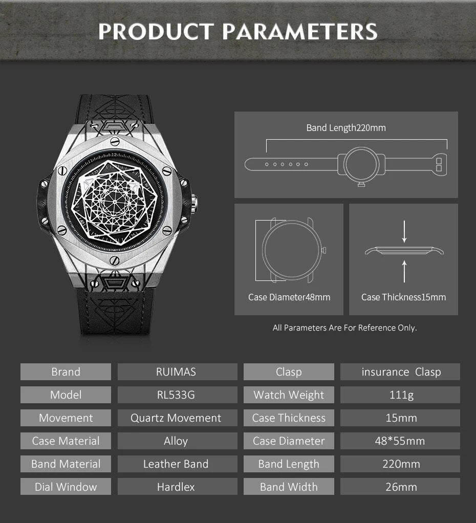 RUIMAS Men's Watches Fashion Sport Quartz Watch for Men Reloj Hombre Leather Belt Wrist Watch Waterproof Casual Clock 533-4