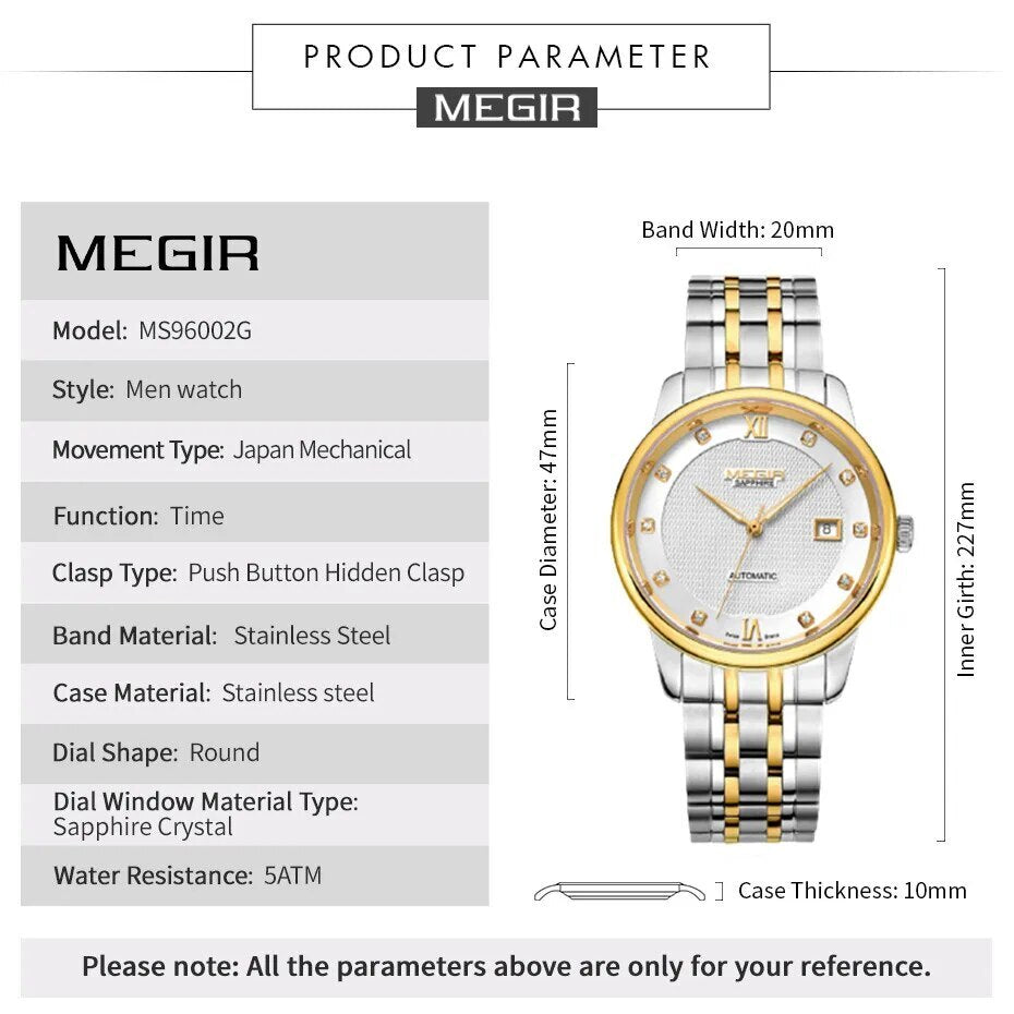 MEGIR Men Watches Stainless Steel Bracelet Sapphire Automatic Mechanical Watch Luxury Business Wristwatches Clock Reloj Hombre-6