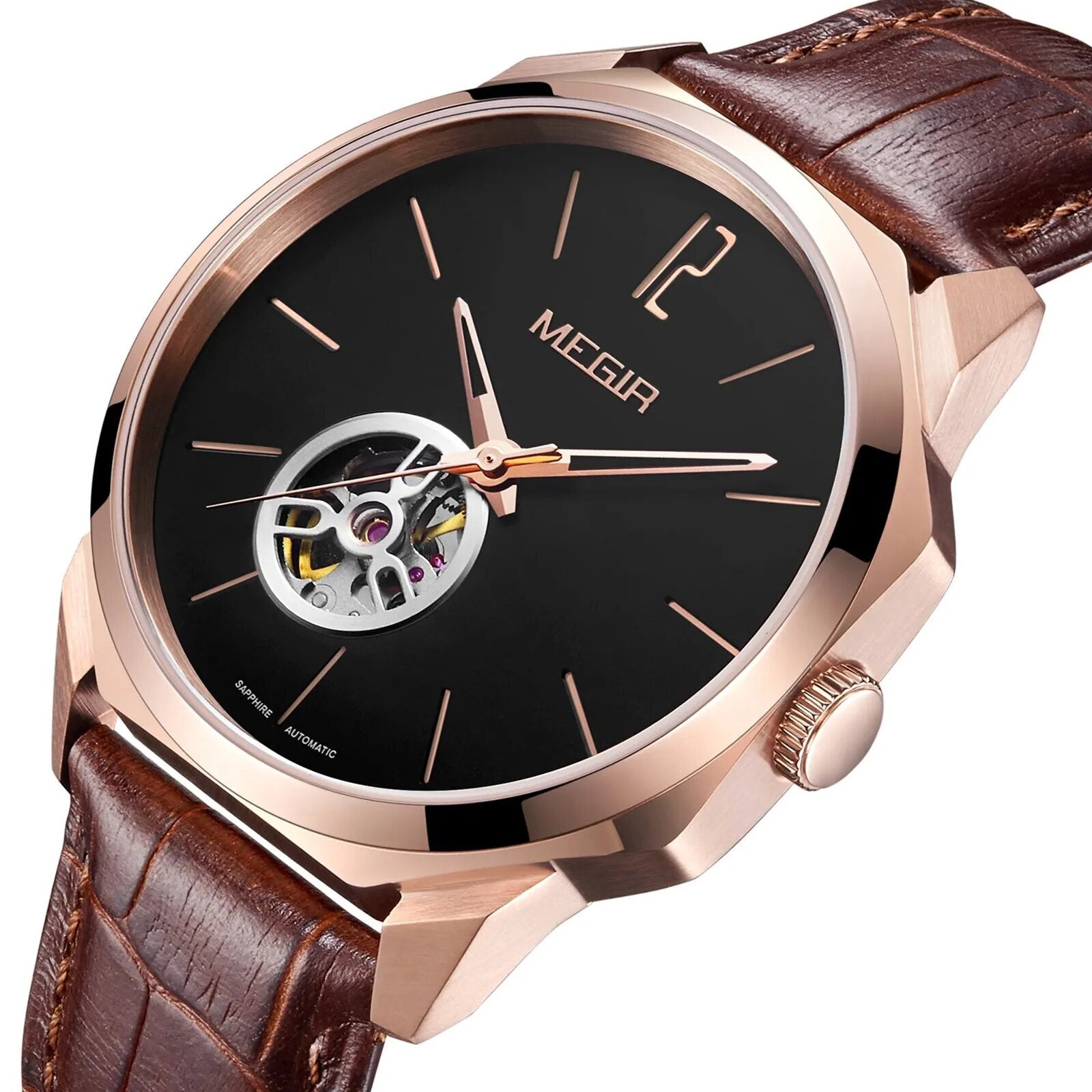 MEGIR Retro Men's Wristwatch Luxury Automatic Mechanical Watches Leather Strap Sapphire 5ATM Waterproof Watch Relogio Masculino-4