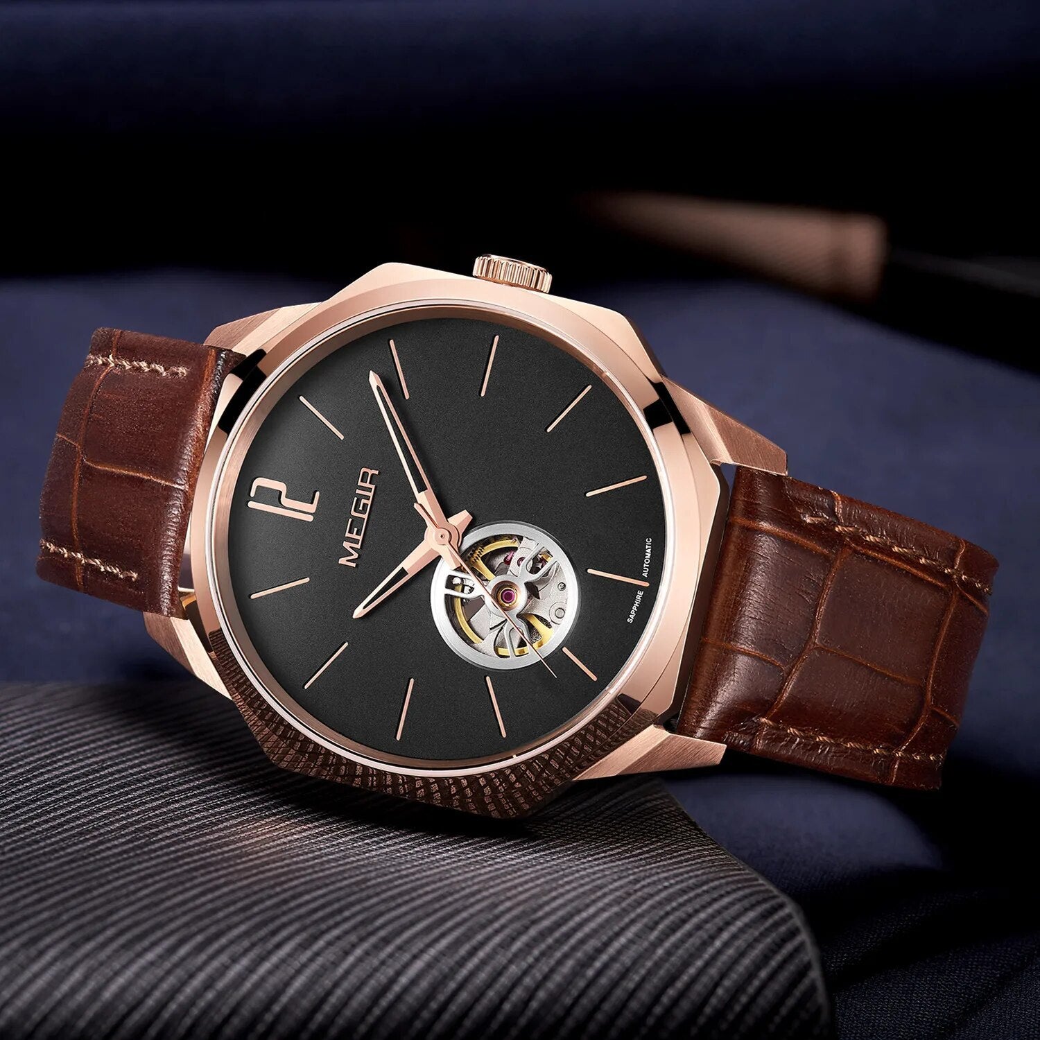 MEGIR Retro Men's Wristwatch Luxury Automatic Mechanical Watches Leather Strap Sapphire 5ATM Waterproof Watch Relogio Masculino-5