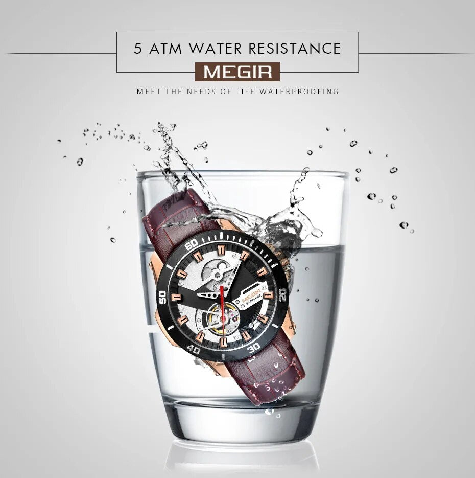 MEGIR Fashion Leather Watches for Men Sapphire Stainless Steel Automatic Mechanical Watch Sports Clock Montre Homme-8