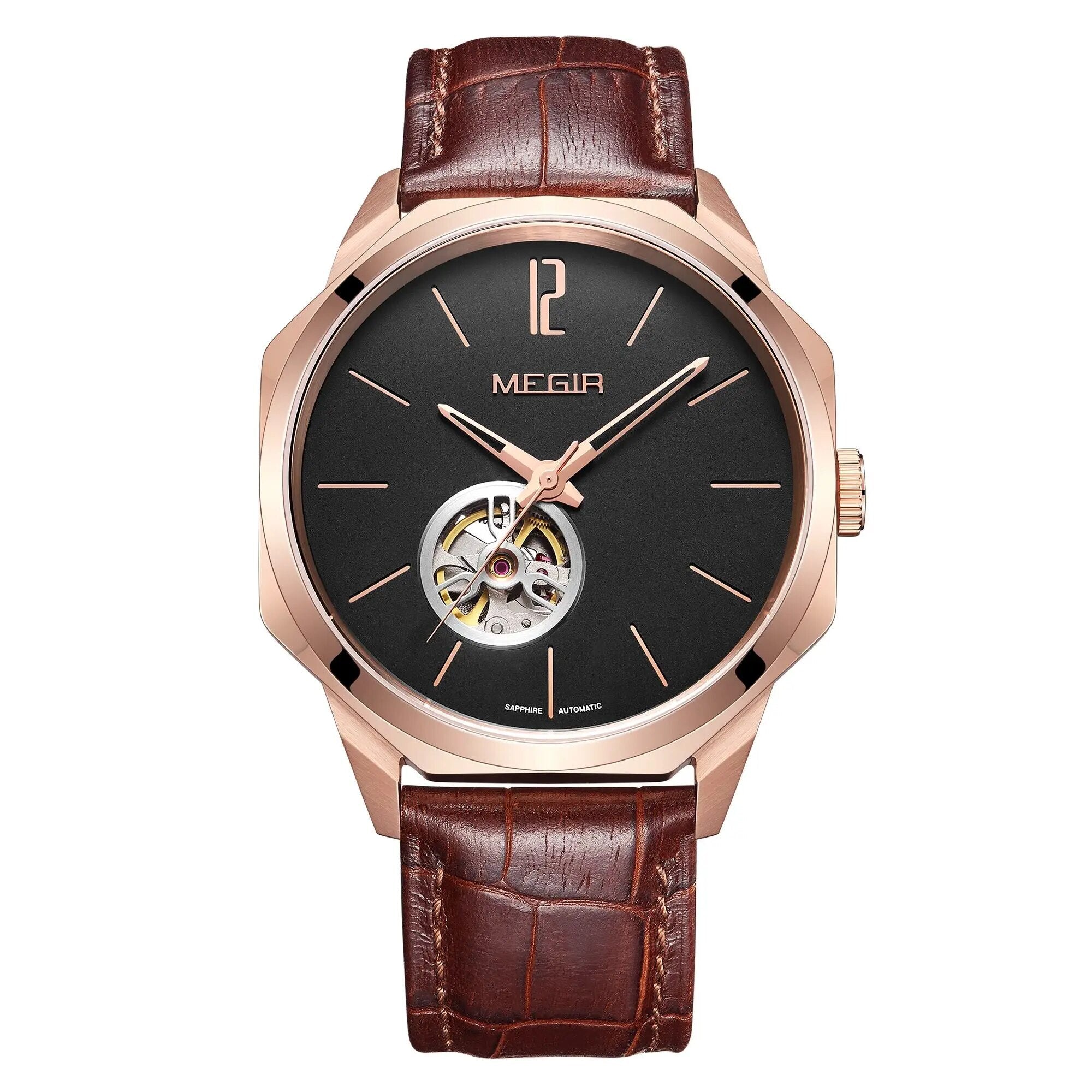 MEGIR Retro Men's Wristwatch Luxury Automatic Mechanical Watches Leather Strap Sapphire 5ATM Waterproof Watch Relogio Masculino-3