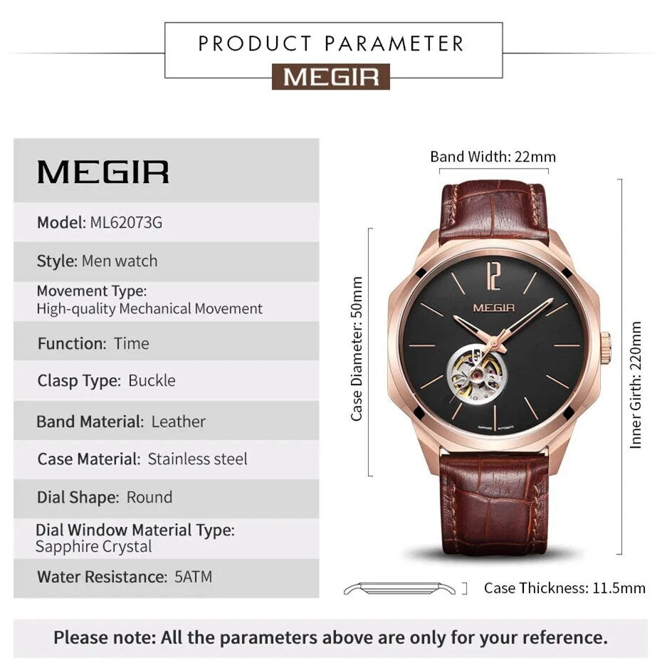 MEGIR Retro Men's Wristwatch Luxury Automatic Mechanical Watches Leather Strap Sapphire 5ATM Waterproof Watch Relogio Masculino-6
