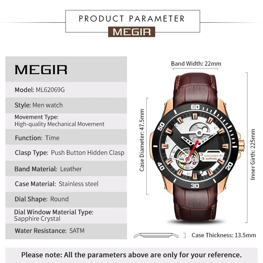 MEGIR Fashion Leather Watches for Men Sapphire Stainless Steel Automatic Mechanical Watch Sports Clock Montre Homme-7