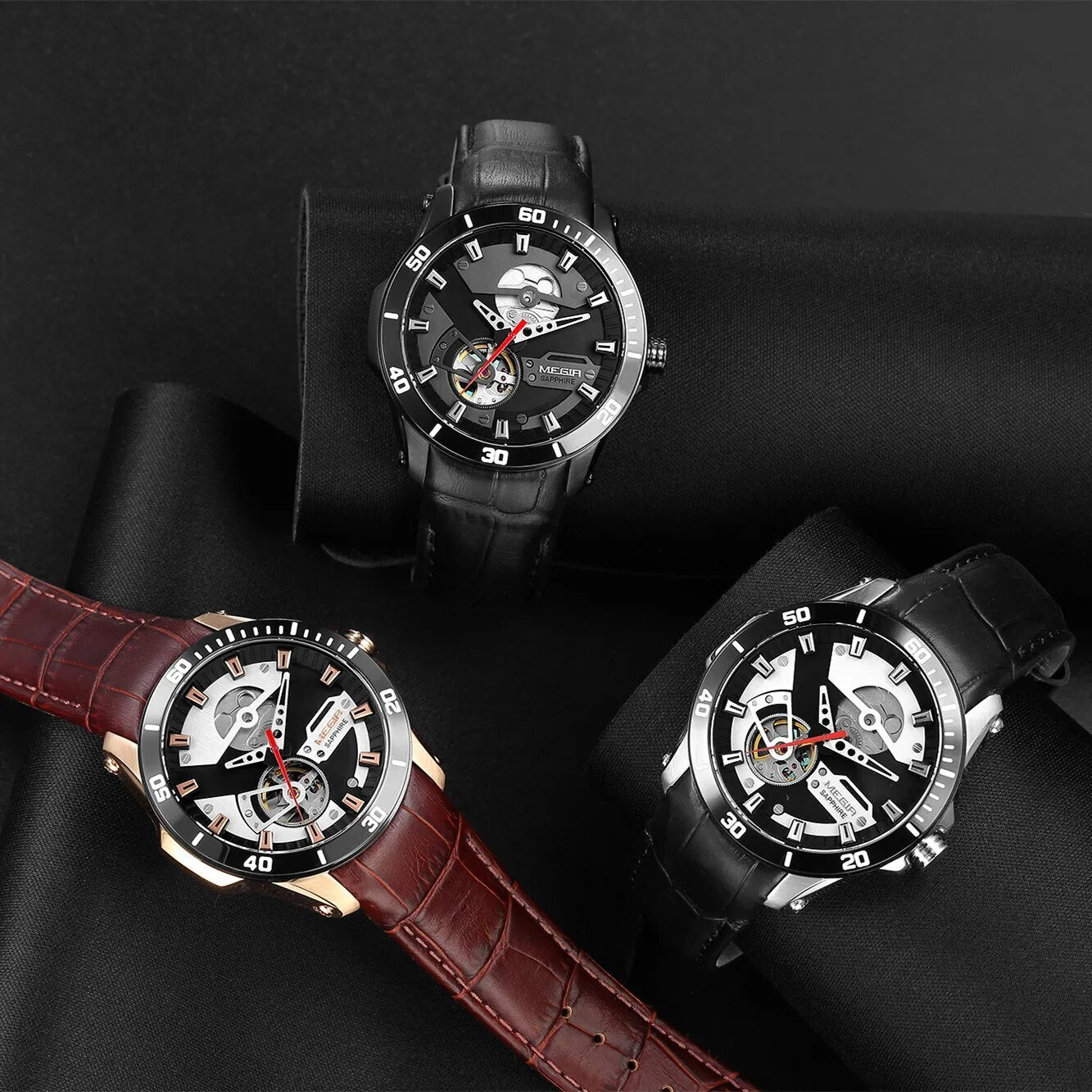 MEGIR Fashion Leather Watches for Men Sapphire Stainless Steel Automatic Mechanical Watch Sports Clock Montre Homme-9