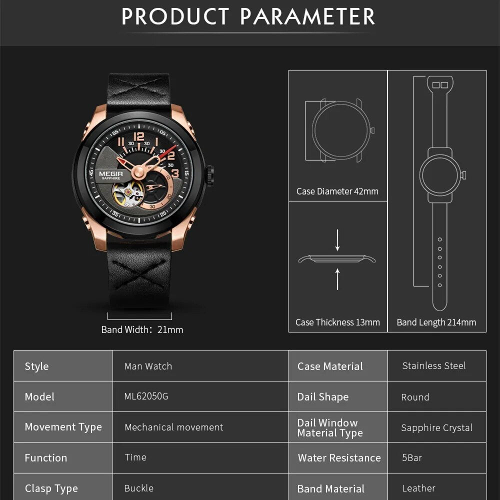MEGIR Automatic Movement Mechanical Watches Men Luxury Fashion Leather Business Wristwatch Clock Big Dial Male Reloj Hombre-5