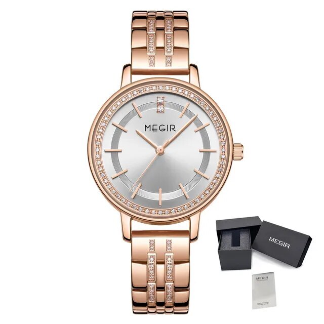 MEGIR Luxury Watches for Women Stainless Steel Dress Clock Fashion Elegant Wristwatch Quartz Watch Ladies Clock Reloj Mujer 7012-14