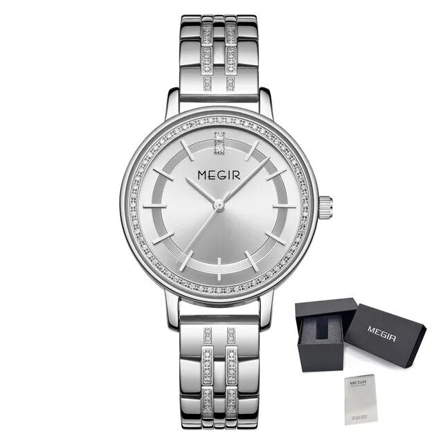 MEGIR Luxury Watches for Women Stainless Steel Dress Clock Fashion Elegant Wristwatch Quartz Watch Ladies Clock Reloj Mujer 7012-15