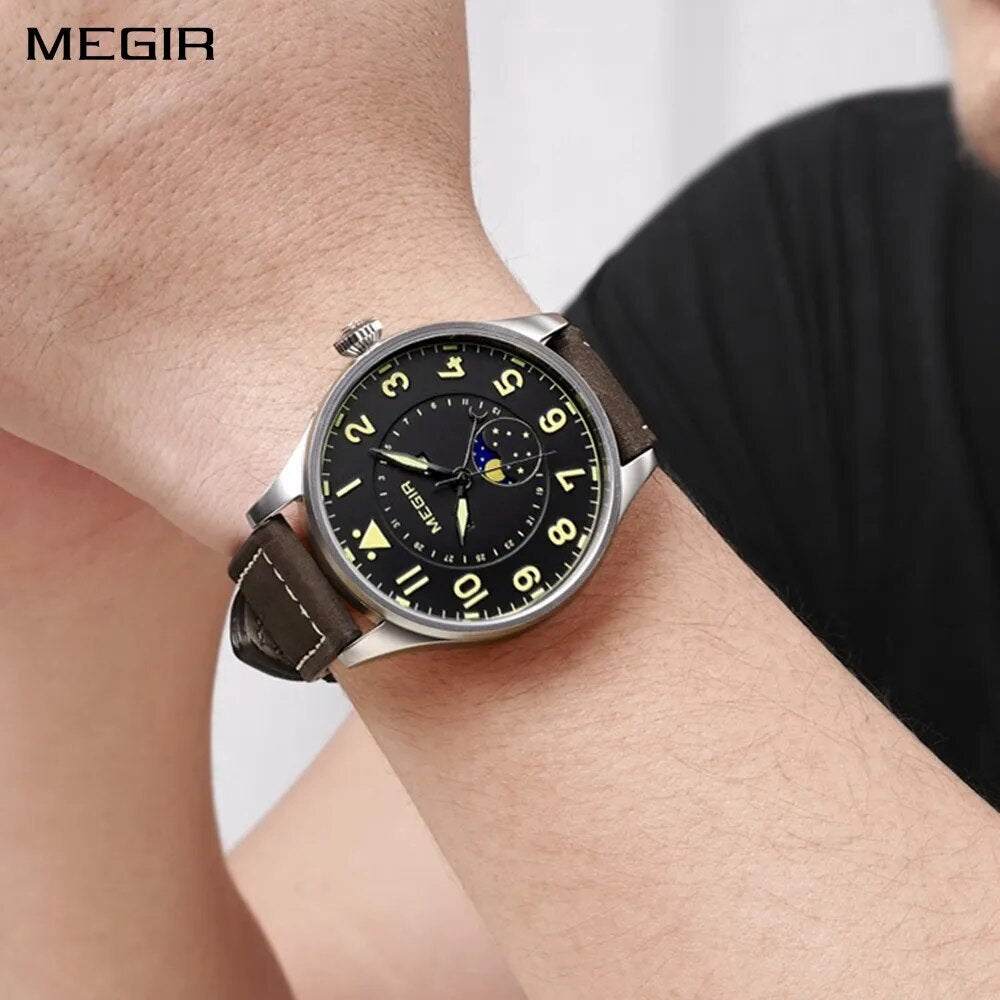 MEGIR Fashion Sport Quartz Watches Men Luxury Leather Business Casual Wristwatches Waterproof Date Clcok Moon Phase Reloj Hombre-0