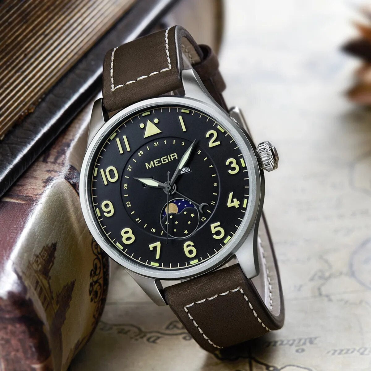 MEGIR Fashion Sport Quartz Watches Men Luxury Leather Business Casual Wristwatches Waterproof Date Clcok Moon Phase Reloj Hombre-2