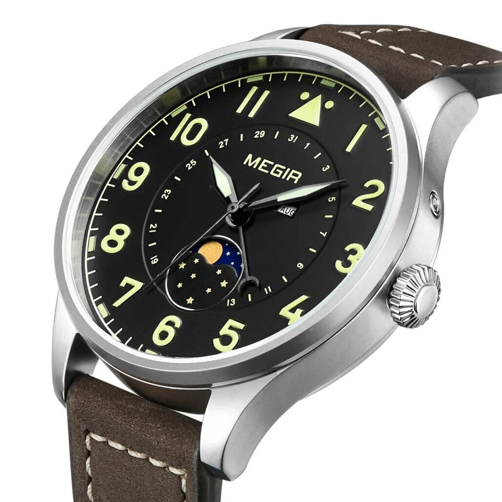 MEGIR Fashion Sport Quartz Watches Men Luxury Leather Business Casual Wristwatches Waterproof Date Clcok Moon Phase Reloj Hombre-3