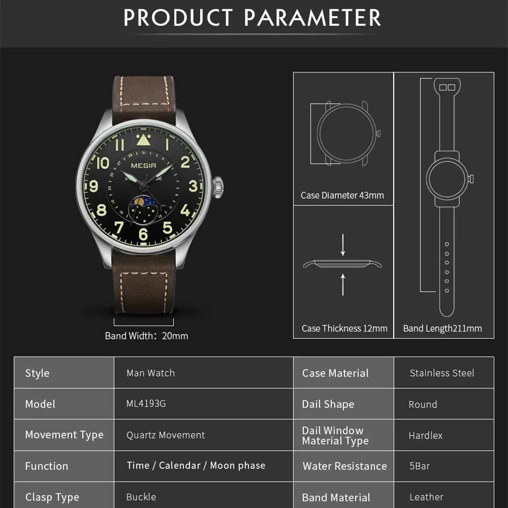 MEGIR Fashion Sport Quartz Watches Men Luxury Leather Business Casual Wristwatches Waterproof Date Clcok Moon Phase Reloj Hombre-7