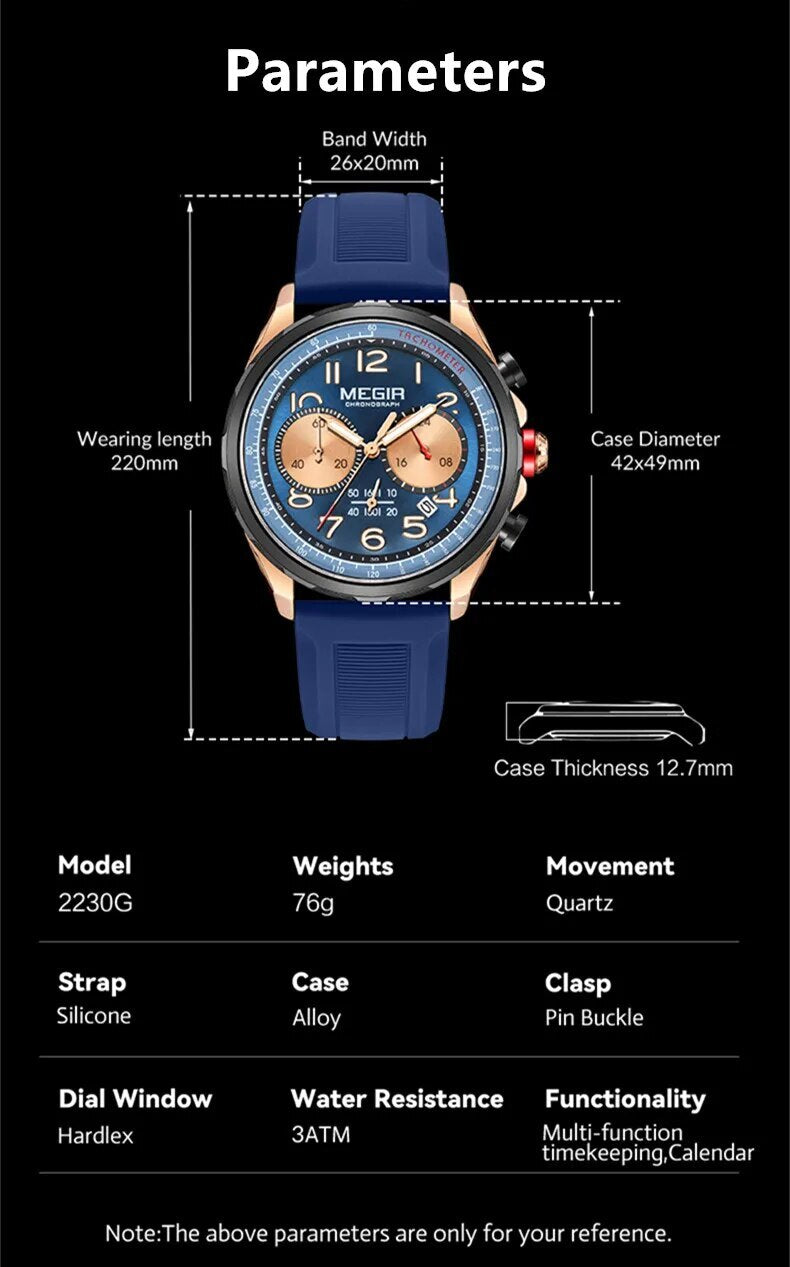 MEGIR New Men Watches Luxury Quartz Wristwatch Gray Waterproof Military Sports Chronograph Silicone Strap Clock Montre Homme-4