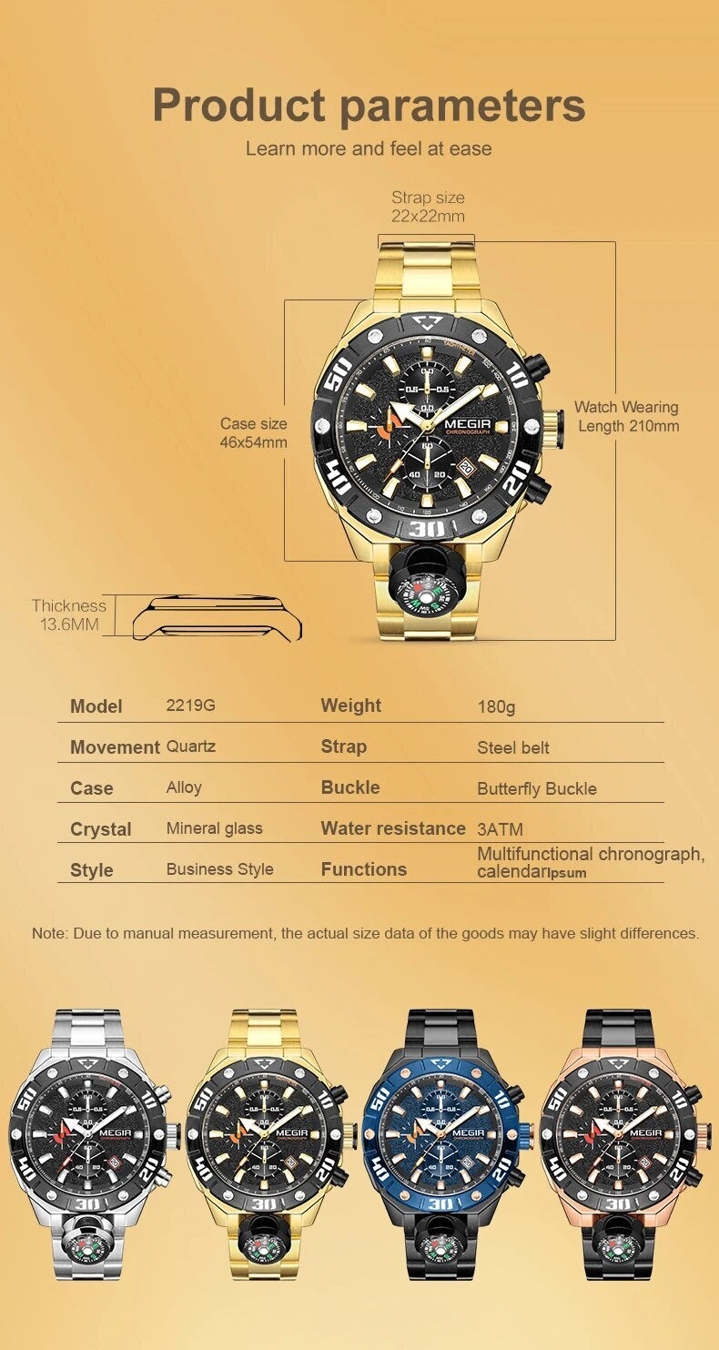 MEGIR Watch Top Brand Luxury Business Quartz Watches Chronograph Stainless Steel Calendar Luminous Clock WristWatch Montre Homme-6