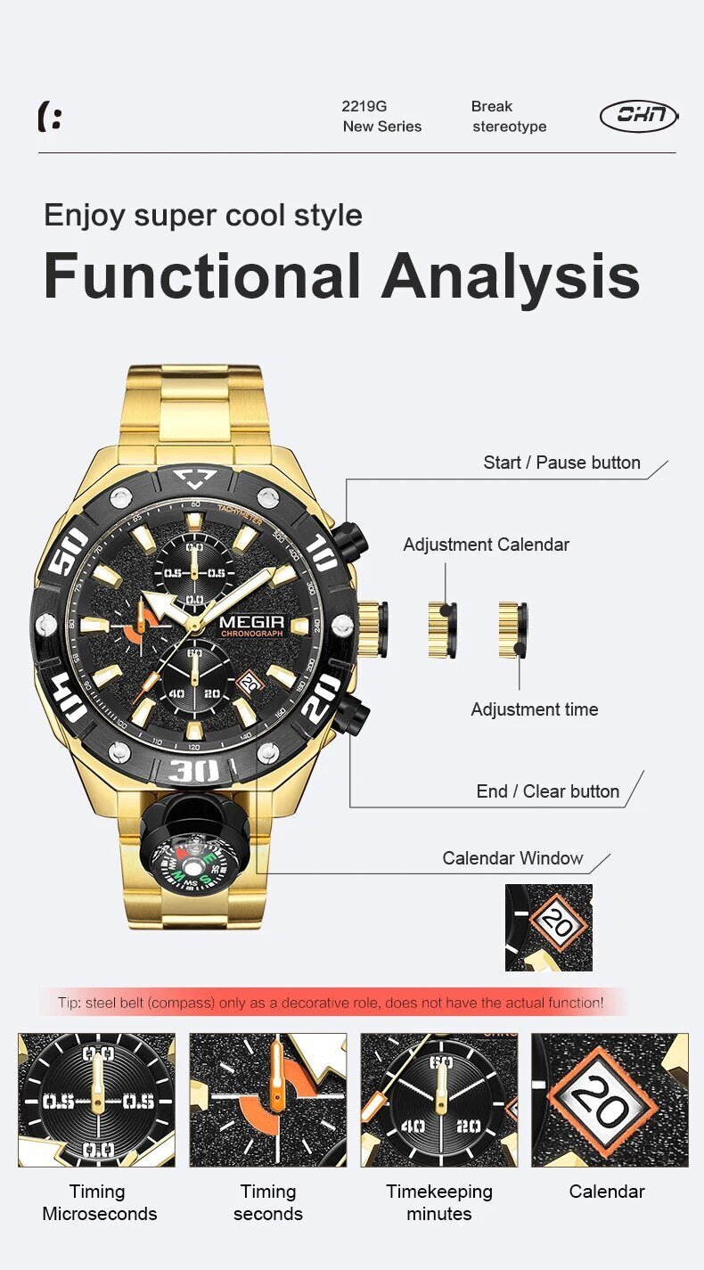 MEGIR Watch Top Brand Luxury Business Quartz Watches Chronograph Stainless Steel Calendar Luminous Clock WristWatch Montre Homme-8