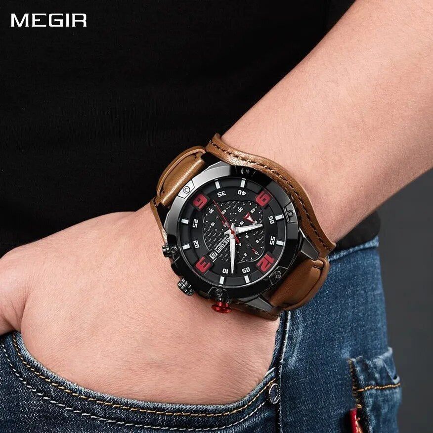 MEGIR Large Dial Watches for Men Luxury Brand Sports Chronograph Clock Waterproof Luminous Hands Quartz Wristwatch Reloj Hombre-0