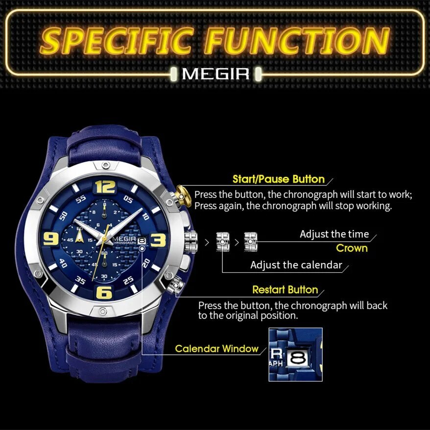 MEGIR Large Dial Watches for Men Luxury Brand Sports Chronograph Clock Waterproof Luminous Hands Quartz Wristwatch Reloj Hombre-7