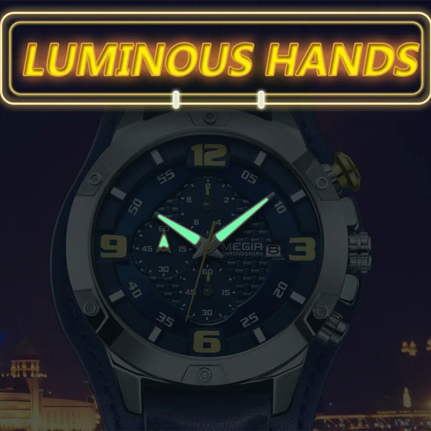 MEGIR Large Dial Watches for Men Luxury Brand Sports Chronograph Clock Waterproof Luminous Hands Quartz Wristwatch Reloj Hombre-8