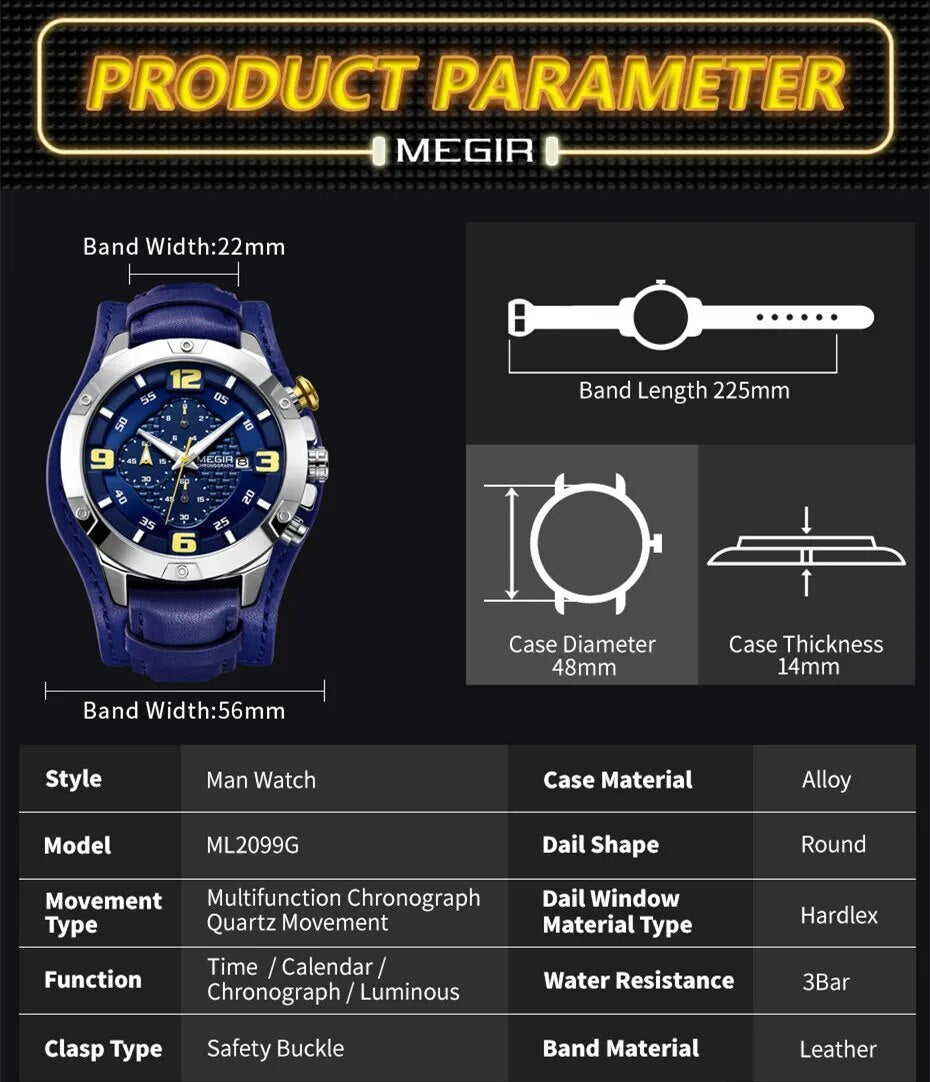 MEGIR Large Dial Watches for Men Luxury Brand Sports Chronograph Clock Waterproof Luminous Hands Quartz Wristwatch Reloj Hombre-6