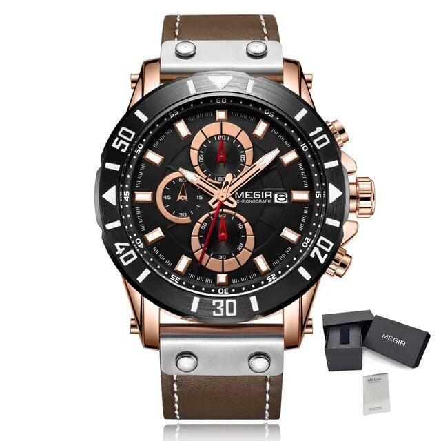 MEGIR Watch Men's Military Sport Wrist Watches Waterproof Leather Quartz Chronograph Calendar Luminous Clock Watch for Man 2081-13