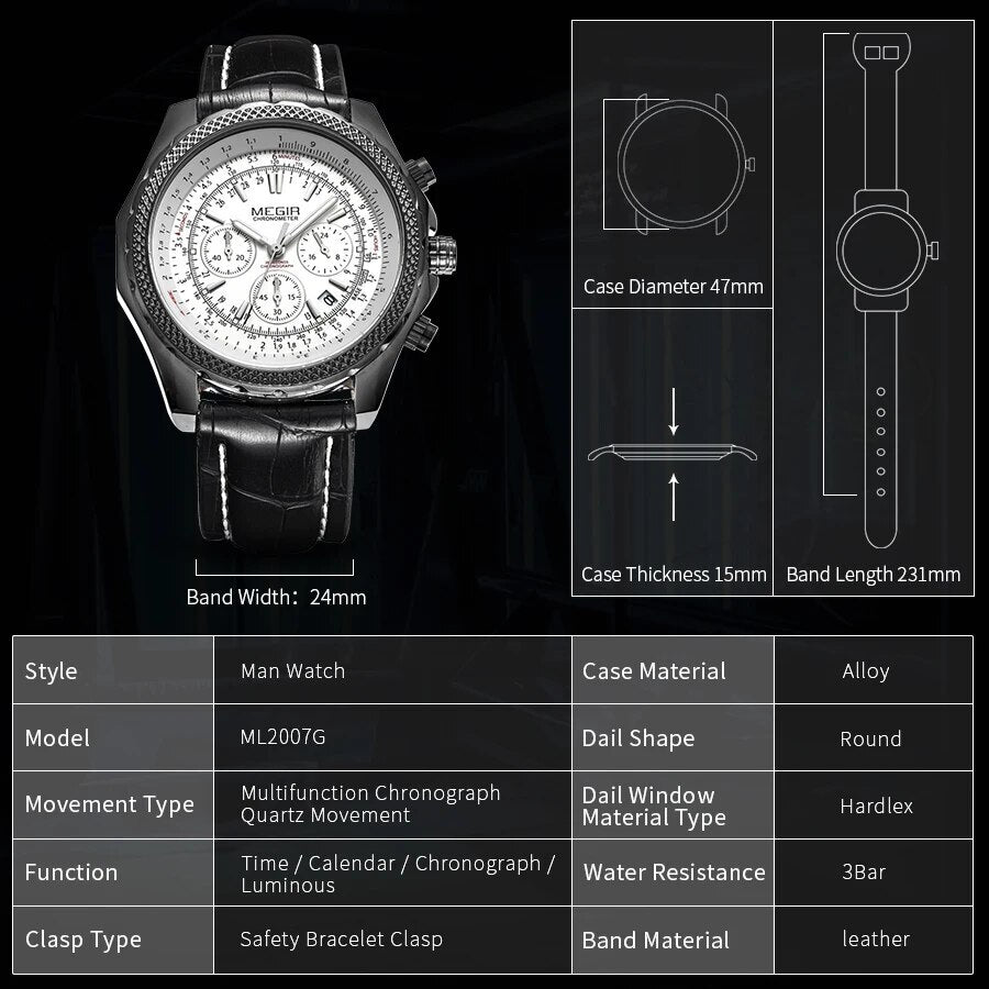MEGIR Luxury Quartz Wristwatches Fashion Casual Leather Strap Men Sports Watch Large Dial Chronograph Date Clock Montre Homme-3
