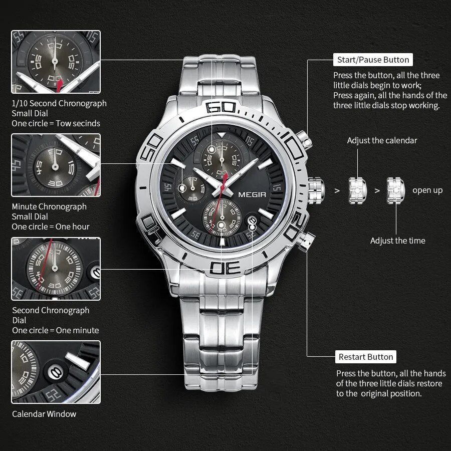 MEGIR Luxury Business Watch for Men Fashion Casual Clock Stainless Steel Calendar Luminous Chronograph Quartz Sport WristWatches-7