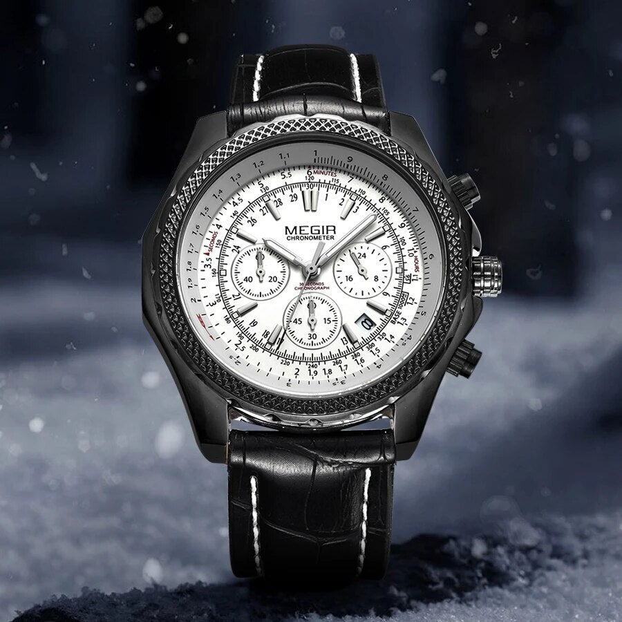 MEGIR Luxury Quartz Wristwatches Fashion Casual Leather Strap Men Sports Watch Large Dial Chronograph Date Clock Montre Homme-4