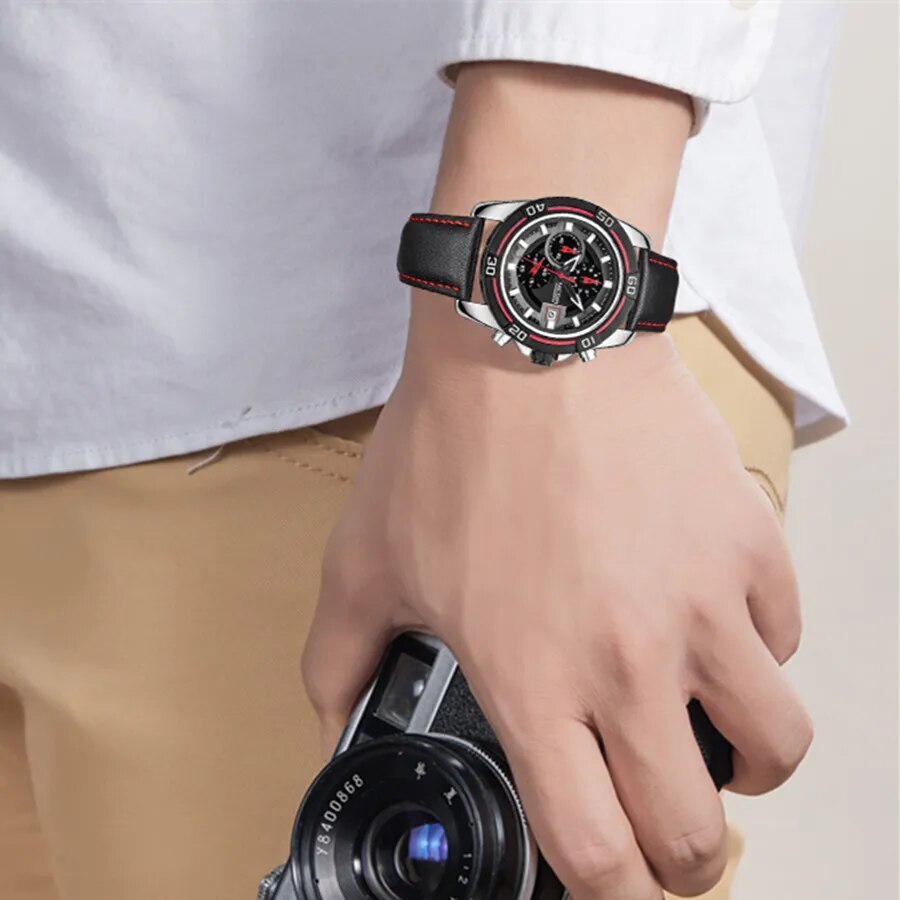 MEGIR Top Brand Fashion Sport Chronograph Watch Men Quartz Leather Wristwatch Waterproof Luminous Man Watches with Date Clock-1
