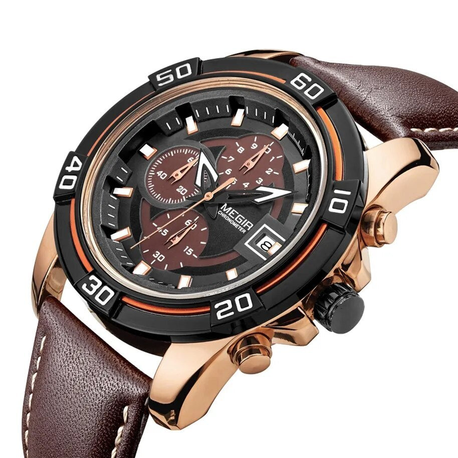 MEGIR Top Brand Fashion Sport Chronograph Watch Men Quartz Leather Wristwatch Waterproof Luminous Man Watches with Date Clock-3