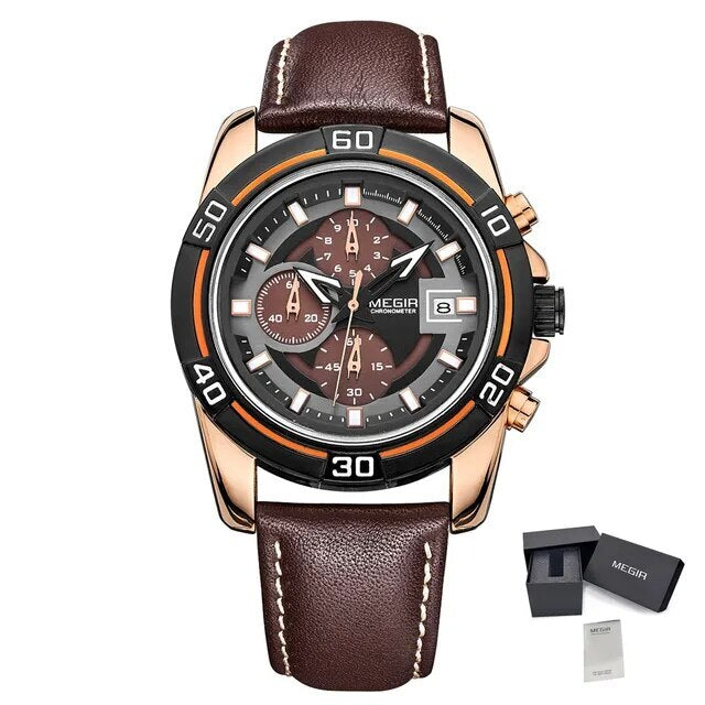 MEGIR Top Brand Fashion Sport Chronograph Watch Men Quartz Leather Wristwatch Waterproof Luminous Man Watches with Date Clock-6