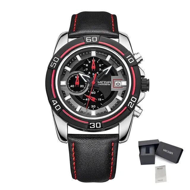 MEGIR Top Brand Fashion Sport Chronograph Watch Men Quartz Leather Wristwatch Waterproof Luminous Man Watches with Date Clock-7