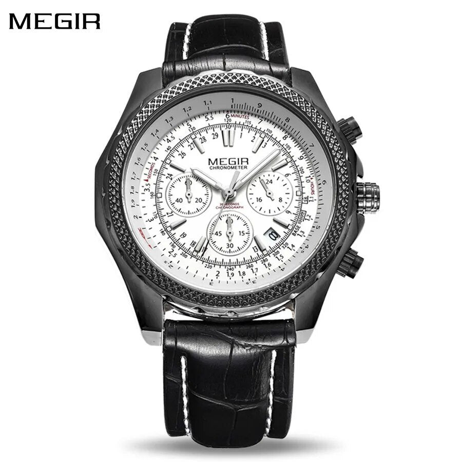 MEGIR Luxury Quartz Wristwatches Fashion Casual Leather Strap Men Sports Watch Large Dial Chronograph Date Clock Montre Homme-0