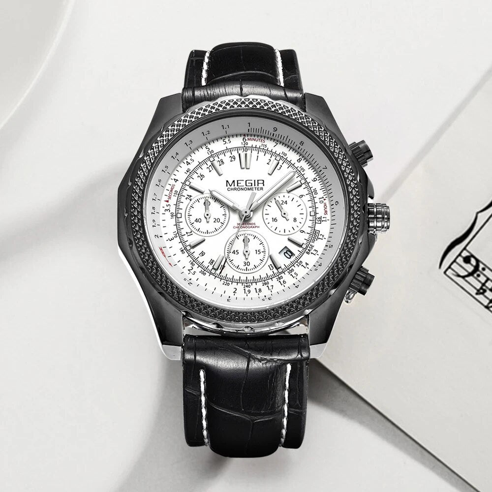 MEGIR Luxury Quartz Wristwatches Fashion Casual Leather Strap Men Sports Watch Large Dial Chronograph Date Clock Montre Homme-5