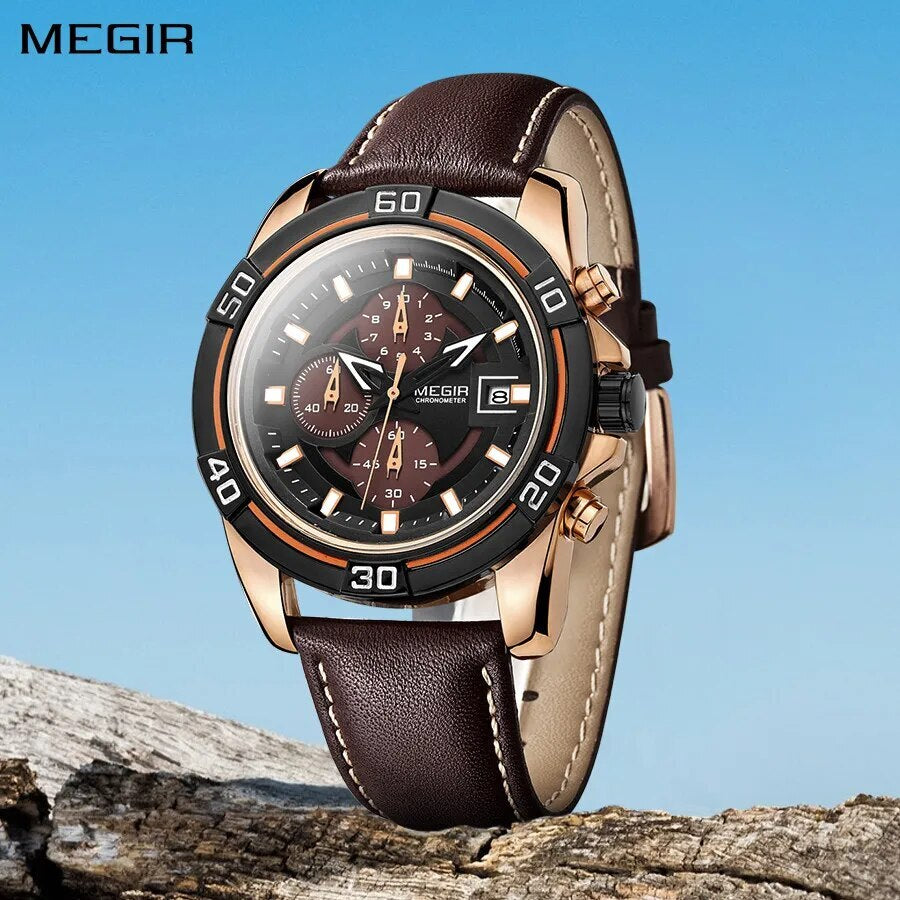 MEGIR Top Brand Fashion Sport Chronograph Watch Men Quartz Leather Wristwatch Waterproof Luminous Man Watches with Date Clock-0