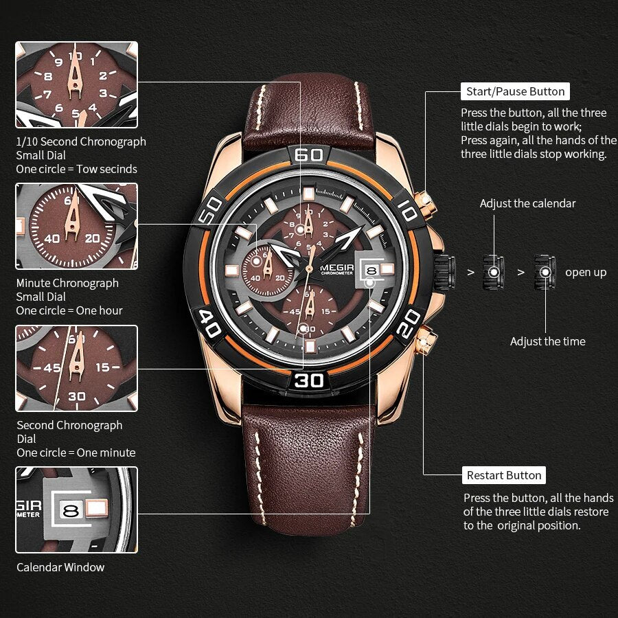 MEGIR Top Brand Fashion Sport Chronograph Watch Men Quartz Leather Wristwatch Waterproof Luminous Man Watches with Date Clock-4