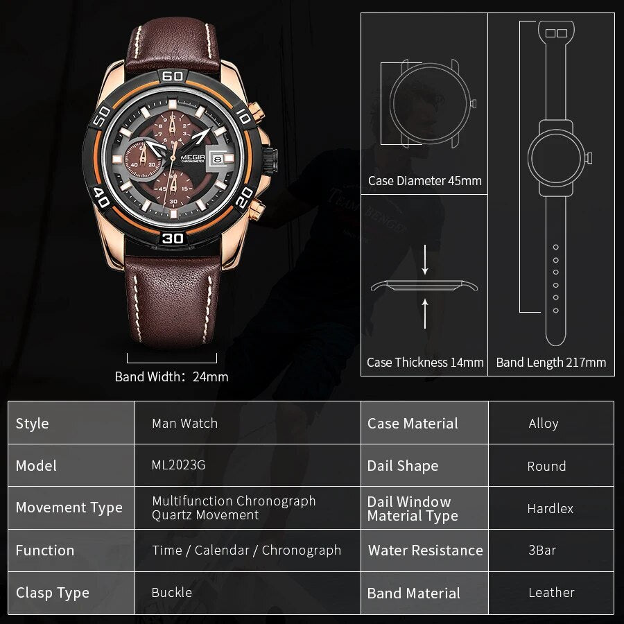 MEGIR Top Brand Fashion Sport Chronograph Watch Men Quartz Leather Wristwatch Waterproof Luminous Man Watches with Date Clock-5
