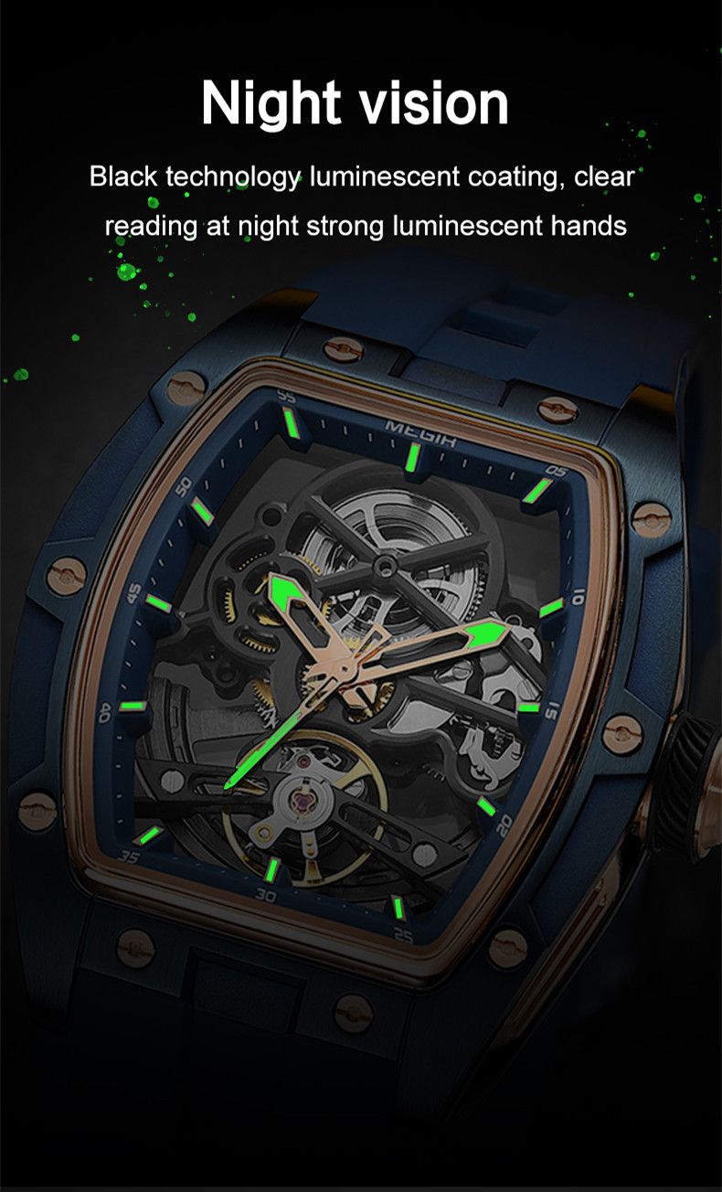 MEGIR 100% Original Fashion Men Watches Automatic Mechanical Watch Steel Case Sport Skeleton Wristwatch Waterproof Clock Reloj Hombre-6