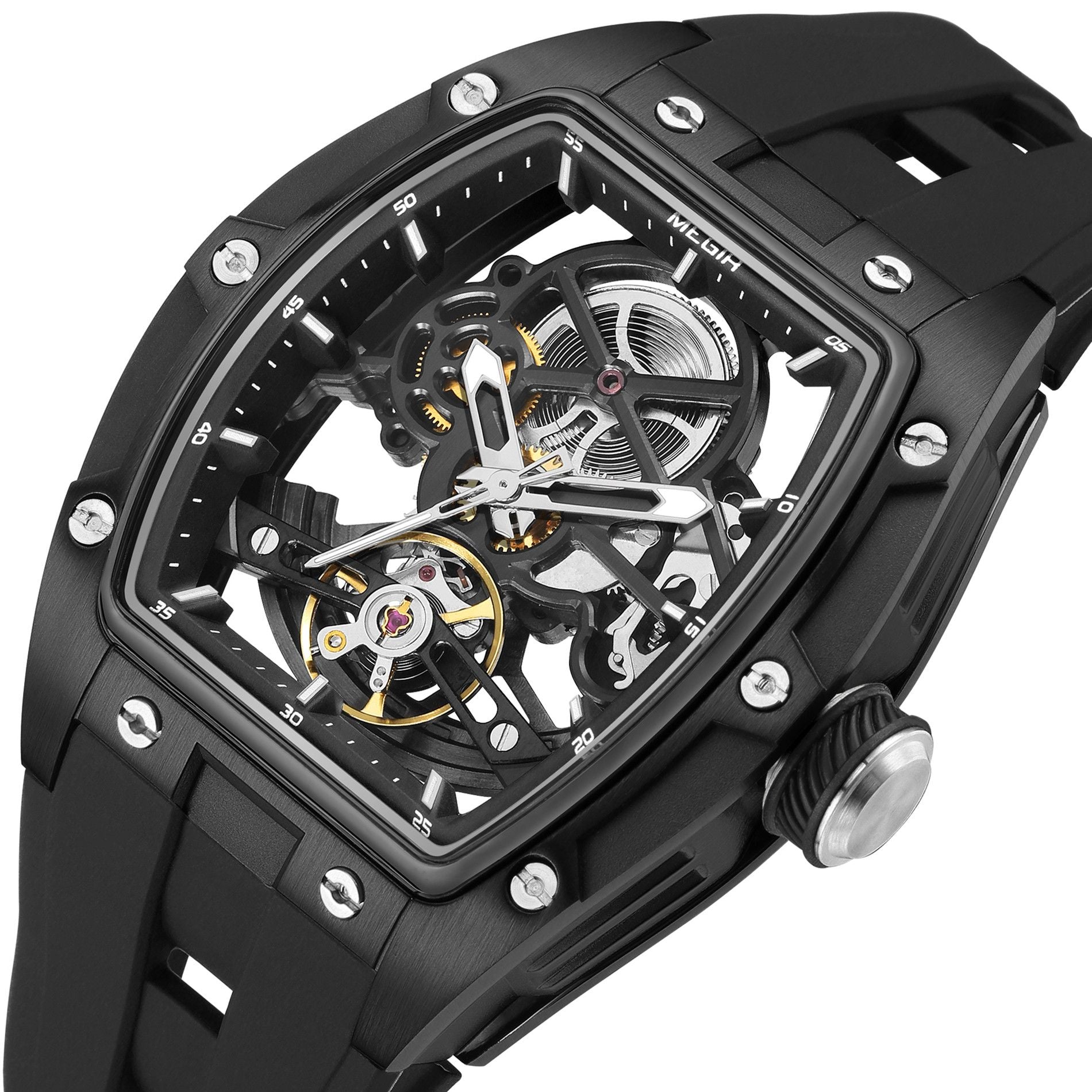 MEGIR 100% Original Fashion Men Watches Automatic Mechanical Watch Steel Case Sport Skeleton Wristwatch Waterproof Clock Reloj Hombre-7