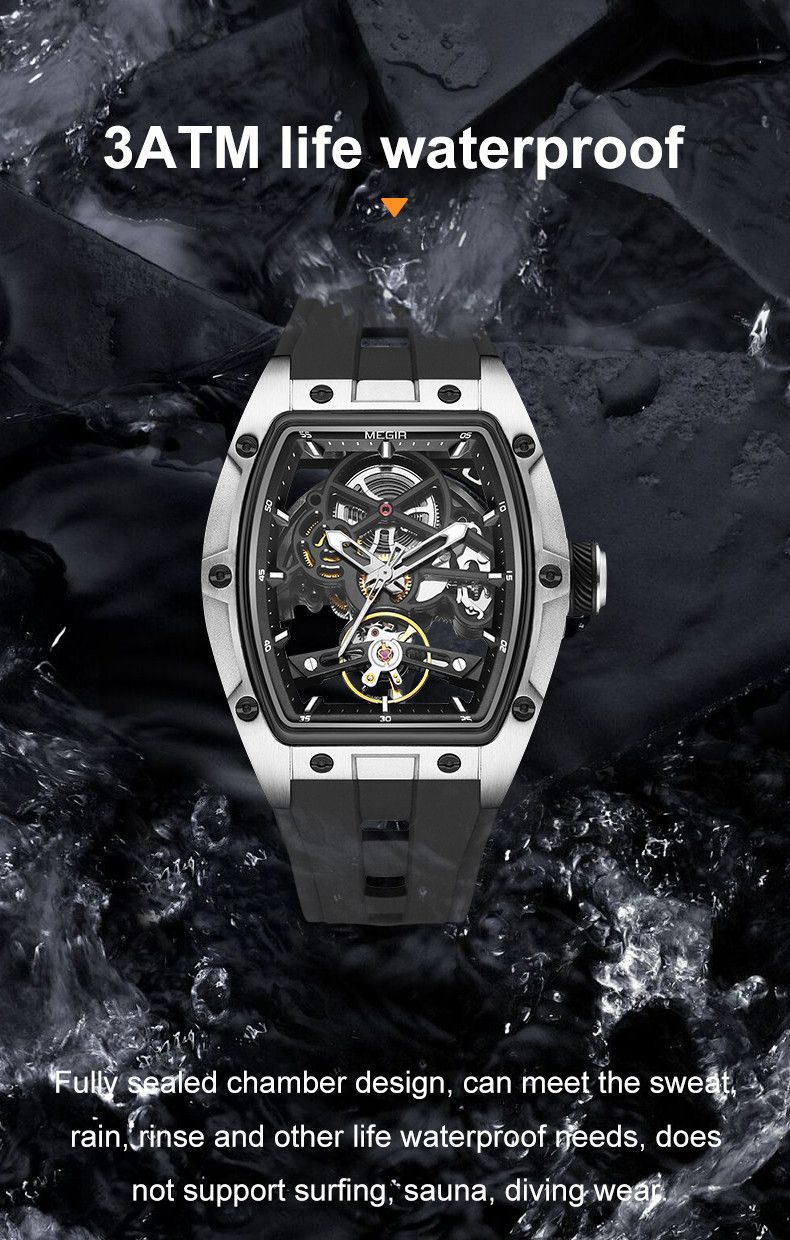 MEGIR 100% Original Fashion Men Watches Automatic Mechanical Watch Steel Case Sport Skeleton Wristwatch Waterproof Clock Reloj Hombre-5
