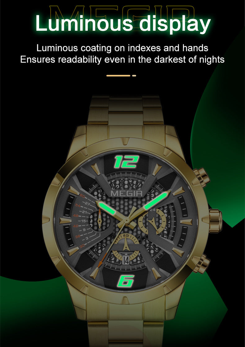 MEGIR Stainless Steel Watch for Men Luxury Business Watch Casual Quartz Date Clock Chronograph Big Dial Wristwatch Reloj Hombre-8
