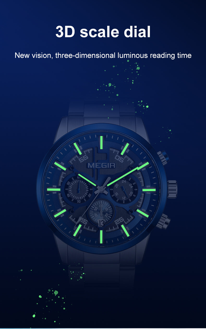 MEGIR Luxury Watch Mens Business Watches Calendar Stainless Steel Quartz Wrist Watch Clock Casual Chronograph Relogio Masculino-9