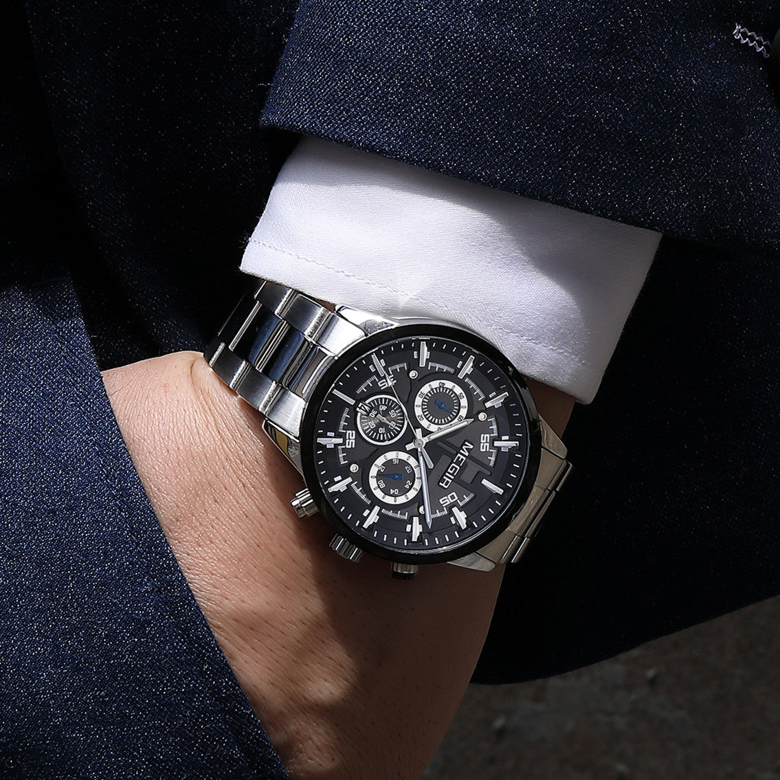 MEGIR Luxury Watch Mens Business Watches Calendar Stainless Steel Quartz Wrist Watch Clock Casual Chronograph Relogio Masculino-2